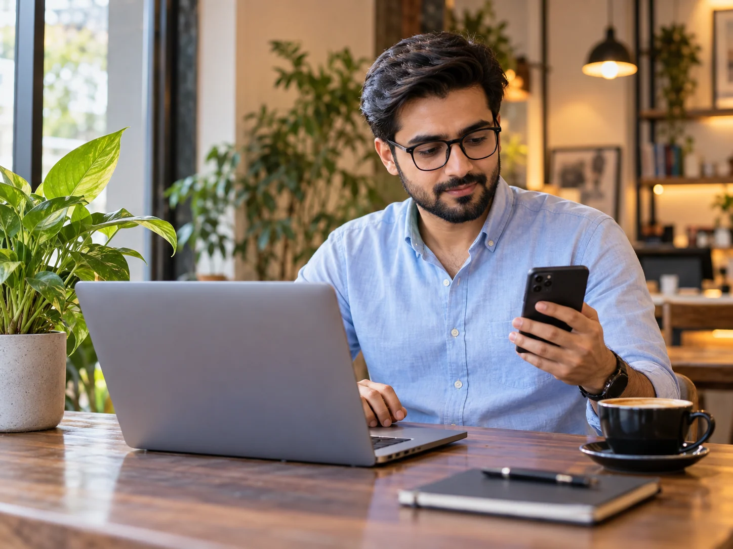 Digital marketing professional working at a laptop