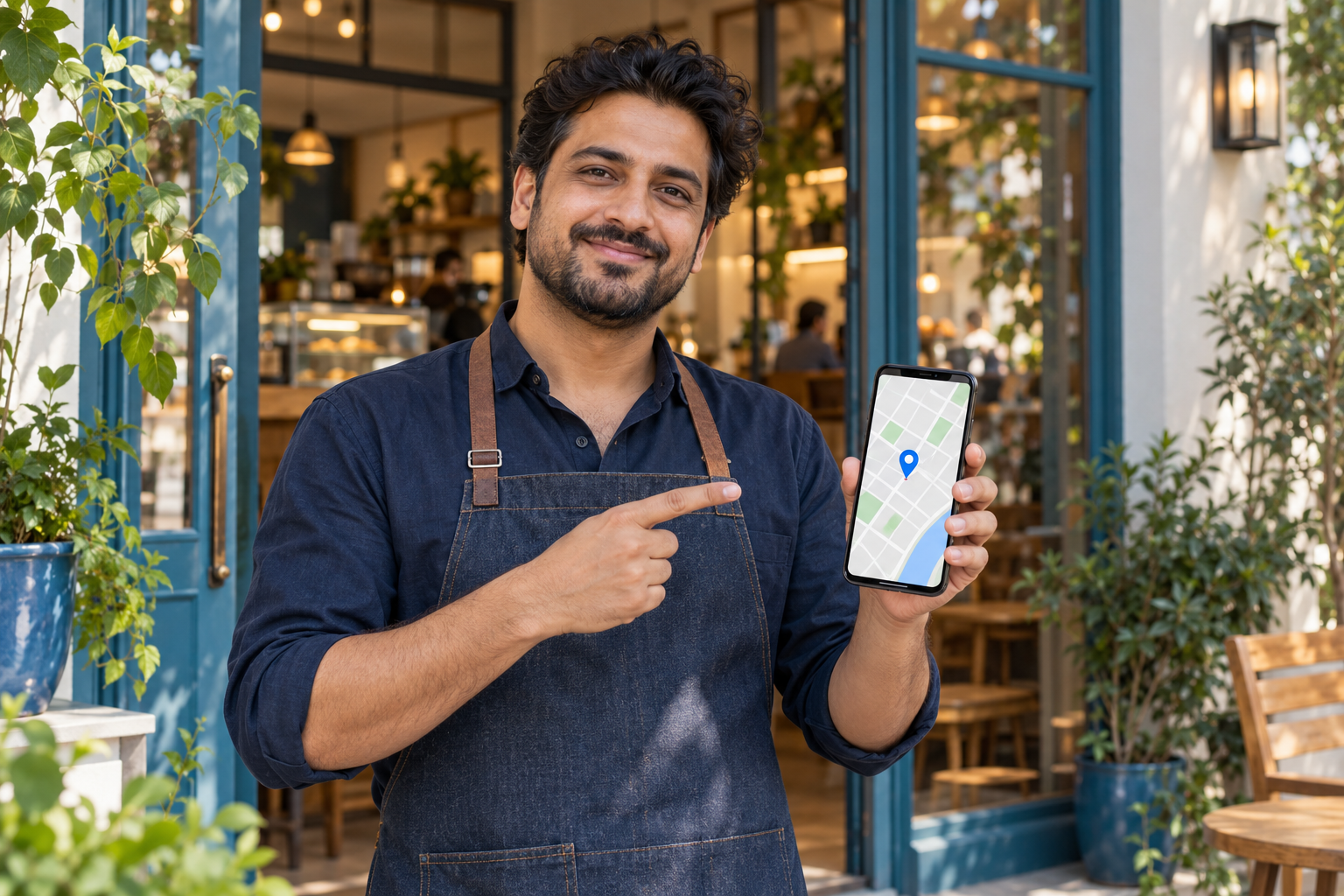 Cafe owner showing a map location on his phone