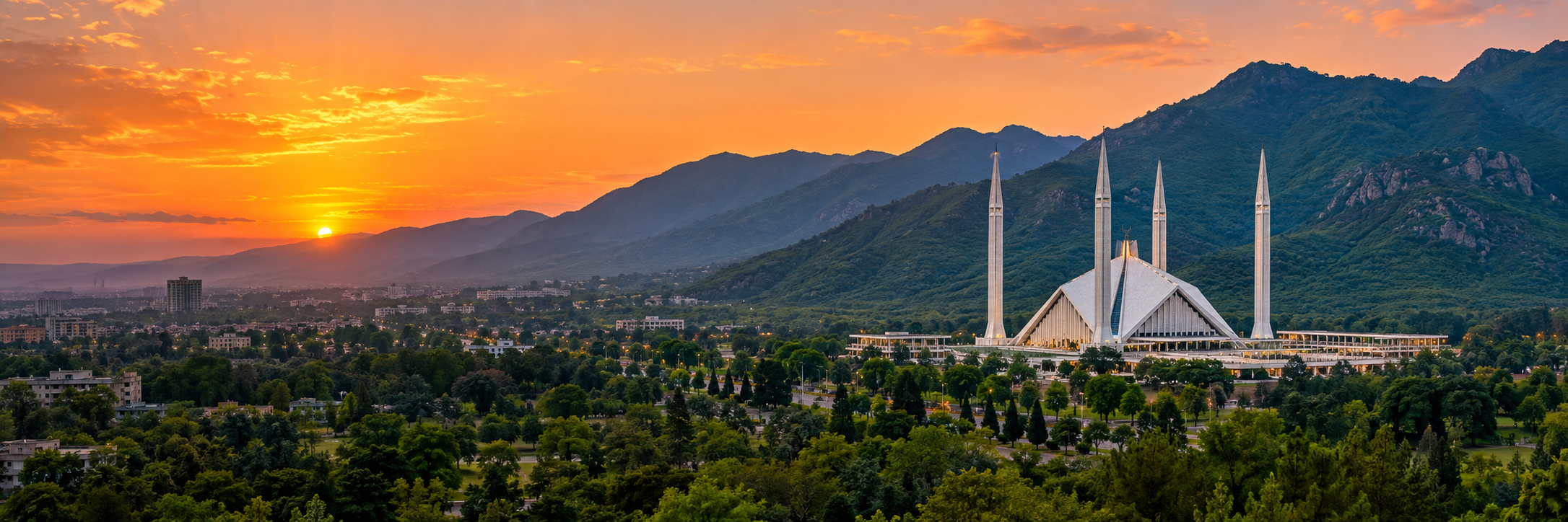 Faisal Mosque and the Margalla Hills at sunset in Islamabad