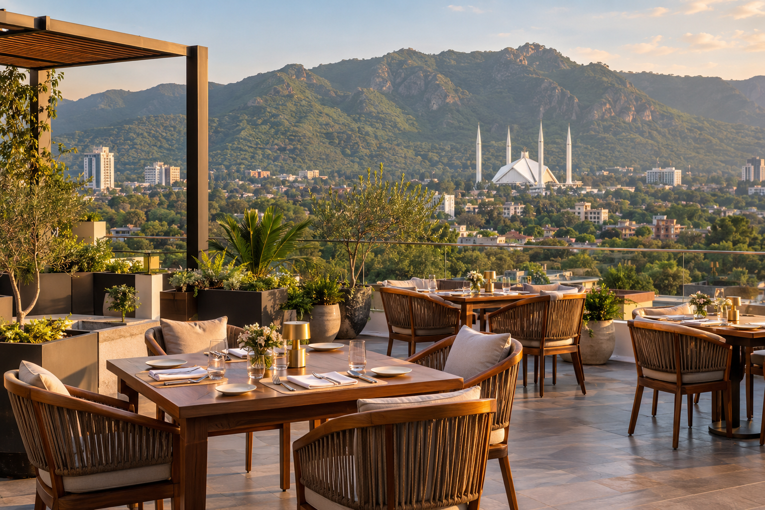 Restaurant terrace overlooking Faisal Mosque and the Margalla Hills