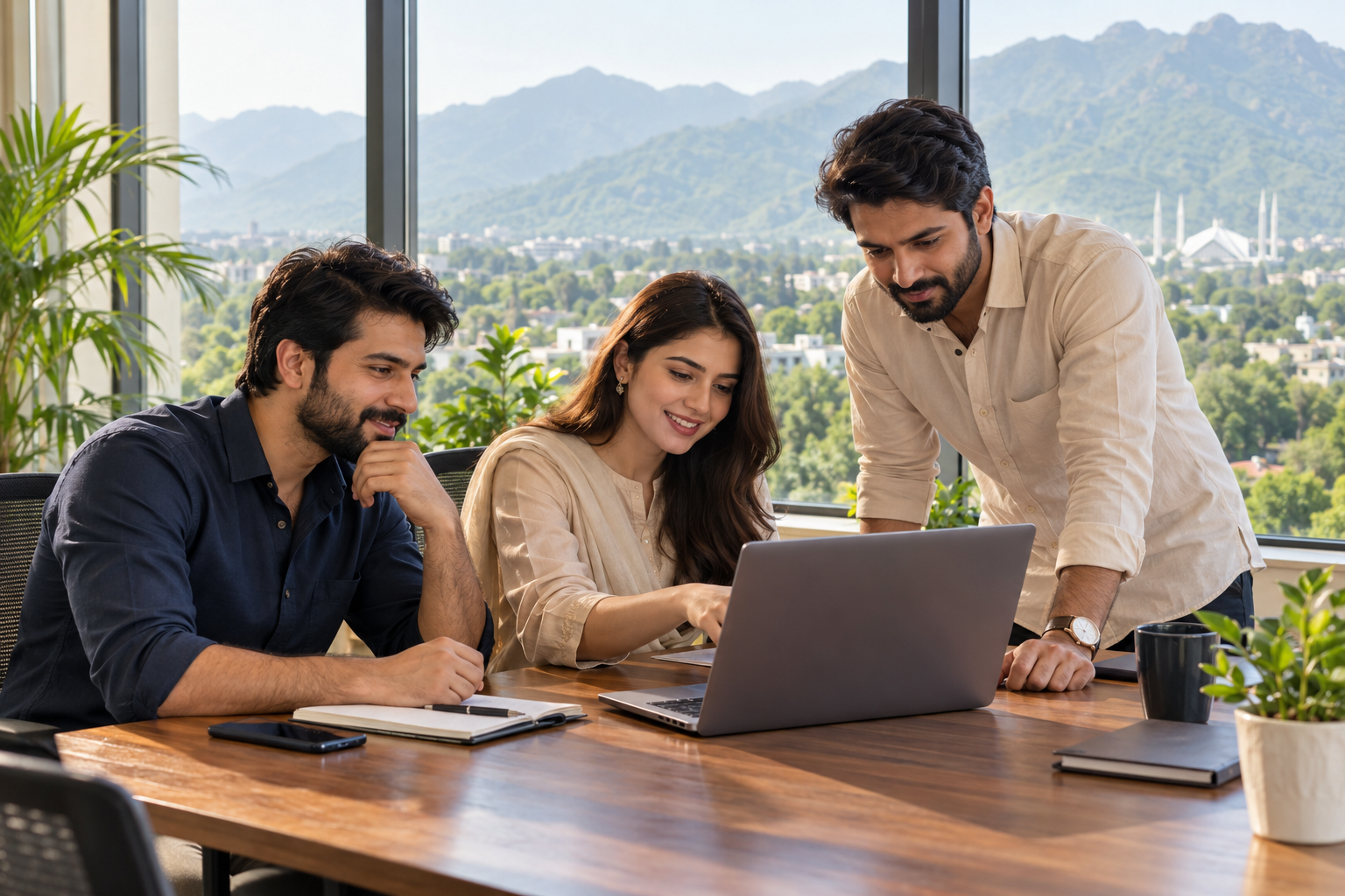Three professionals collaborating at a laptop beside windows overlooking the Margalla Hills