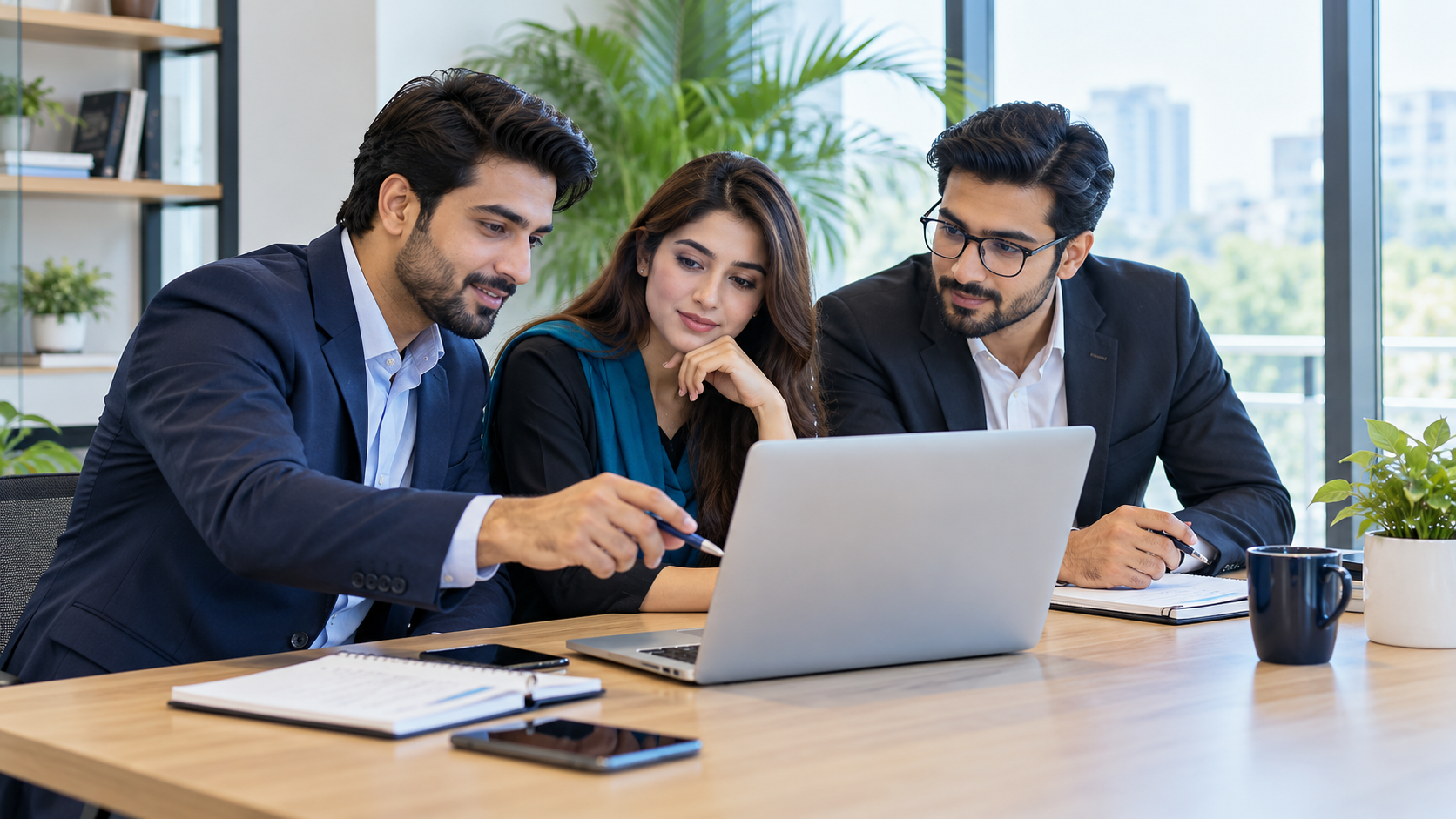 Business professionals discussing a marketing plan around a laptop