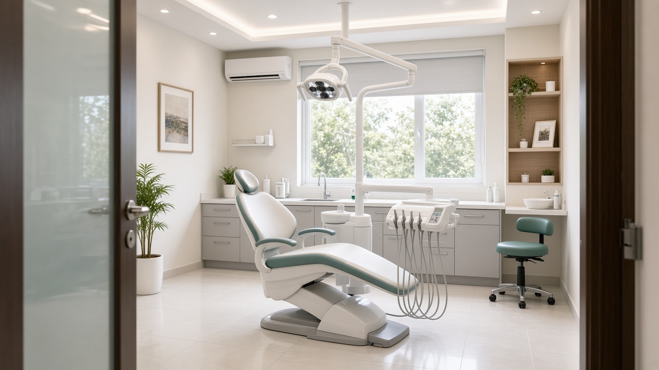 Empty dental treatment room seen from the doorway.