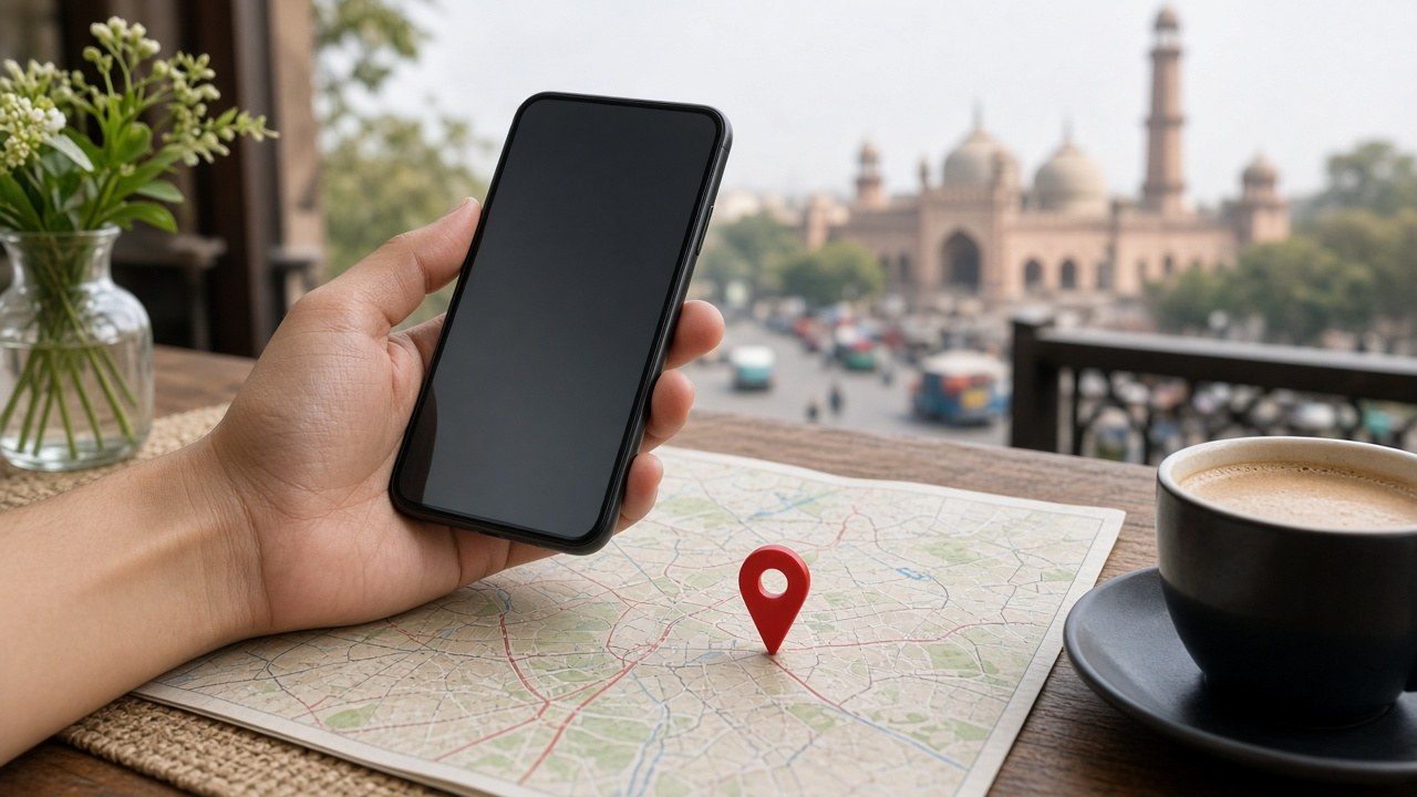 Map pin and phone illustrating local search on Google Maps