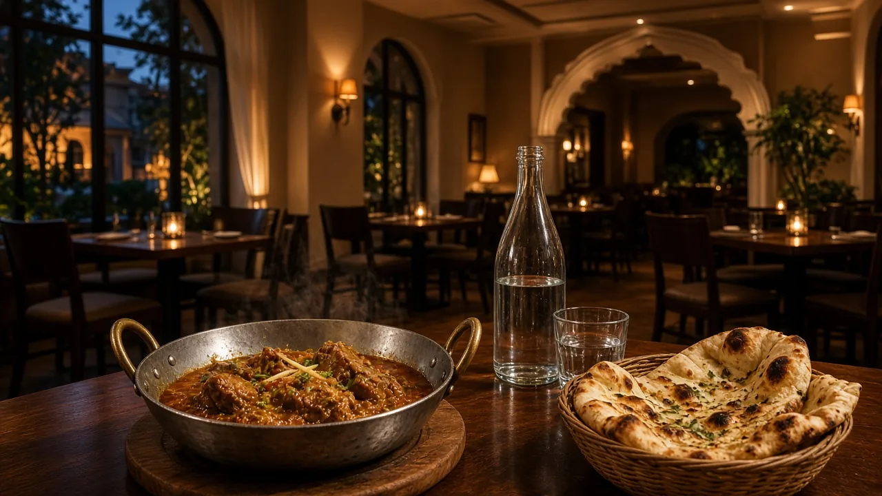 Karahi and naan on a table in an empty restaurant.