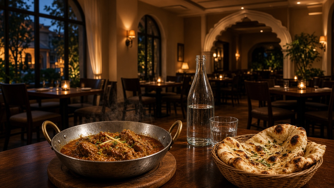 Karahi and naan on a table in an empty restaurant.
