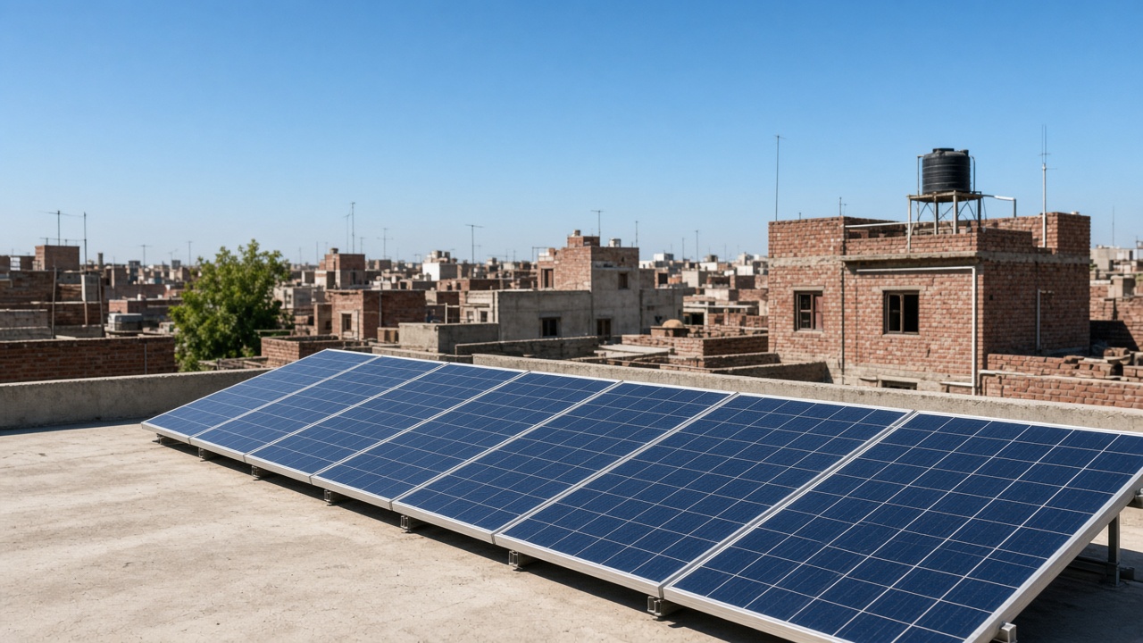 Solar panels on a rooftop in a Pakistani neighbourhood.