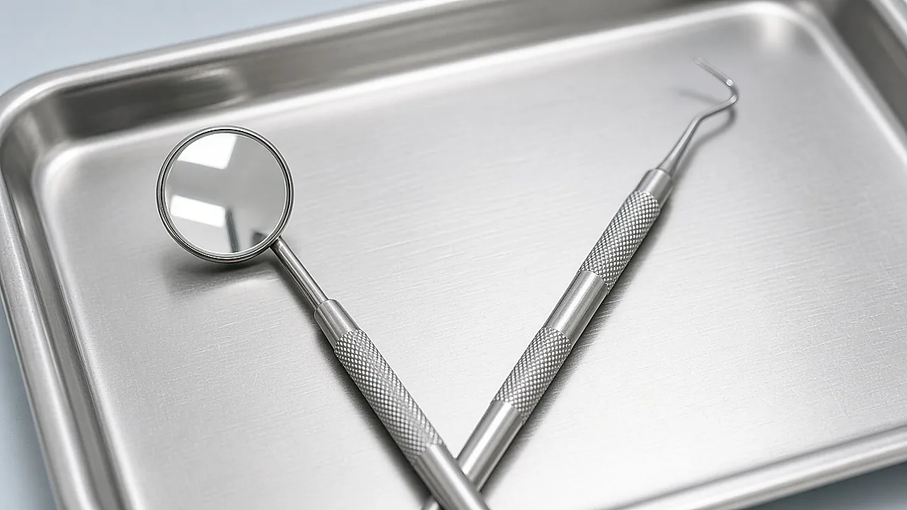Dental mirror and probe on a steel tray