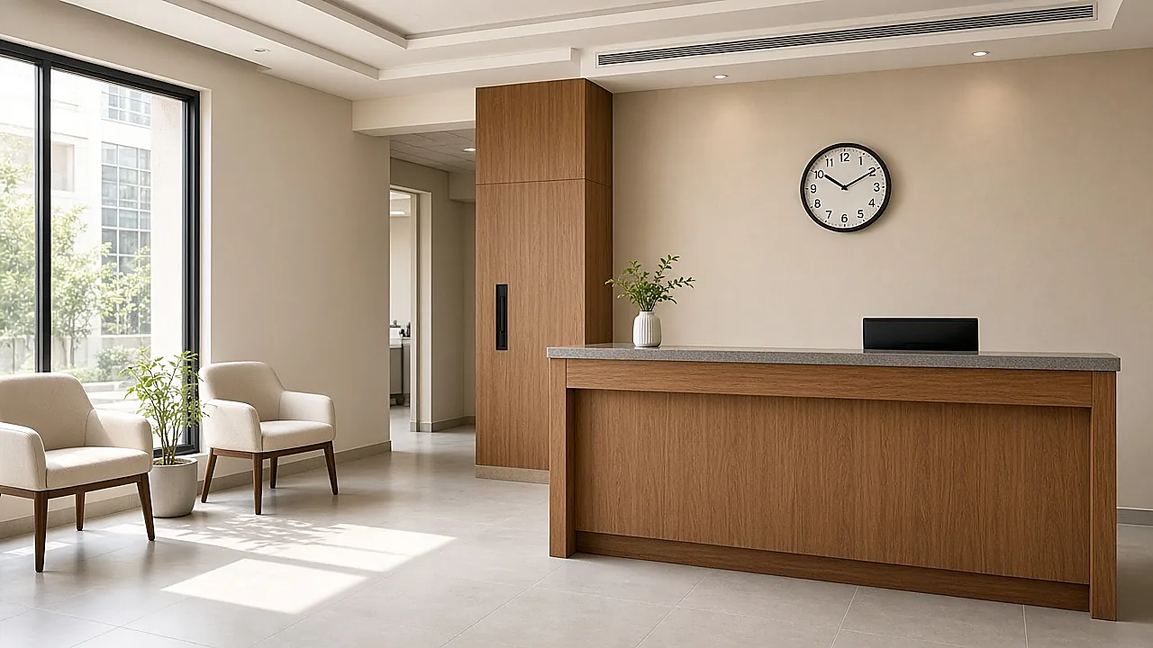 Empty clinic reception desk and waiting chairs