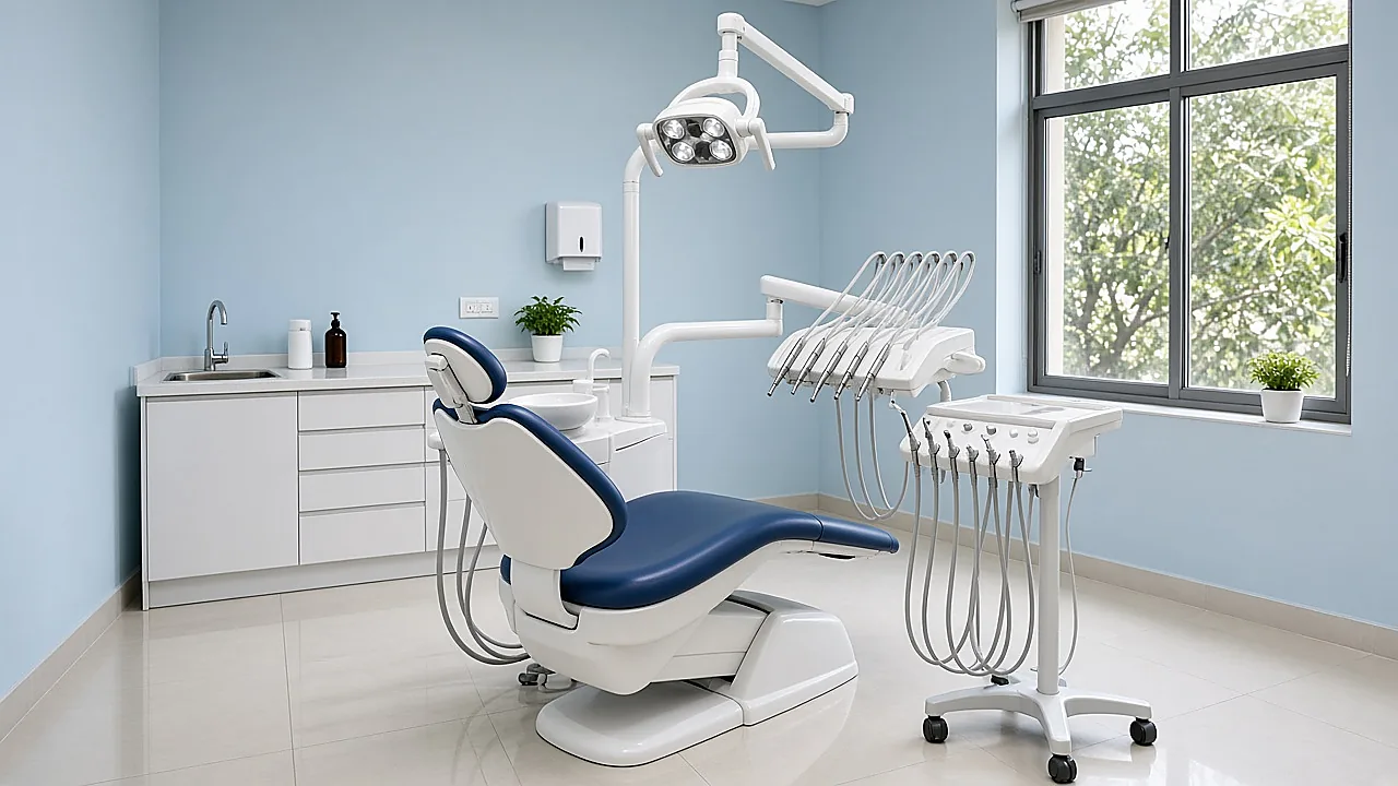Empty dental treatment room with a chair and instrument unit