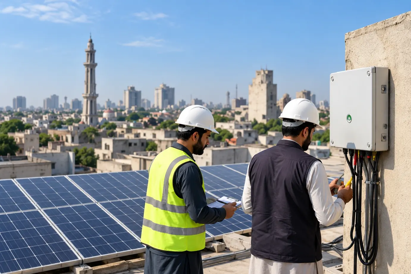 Solar installers on a Lahore rooftop